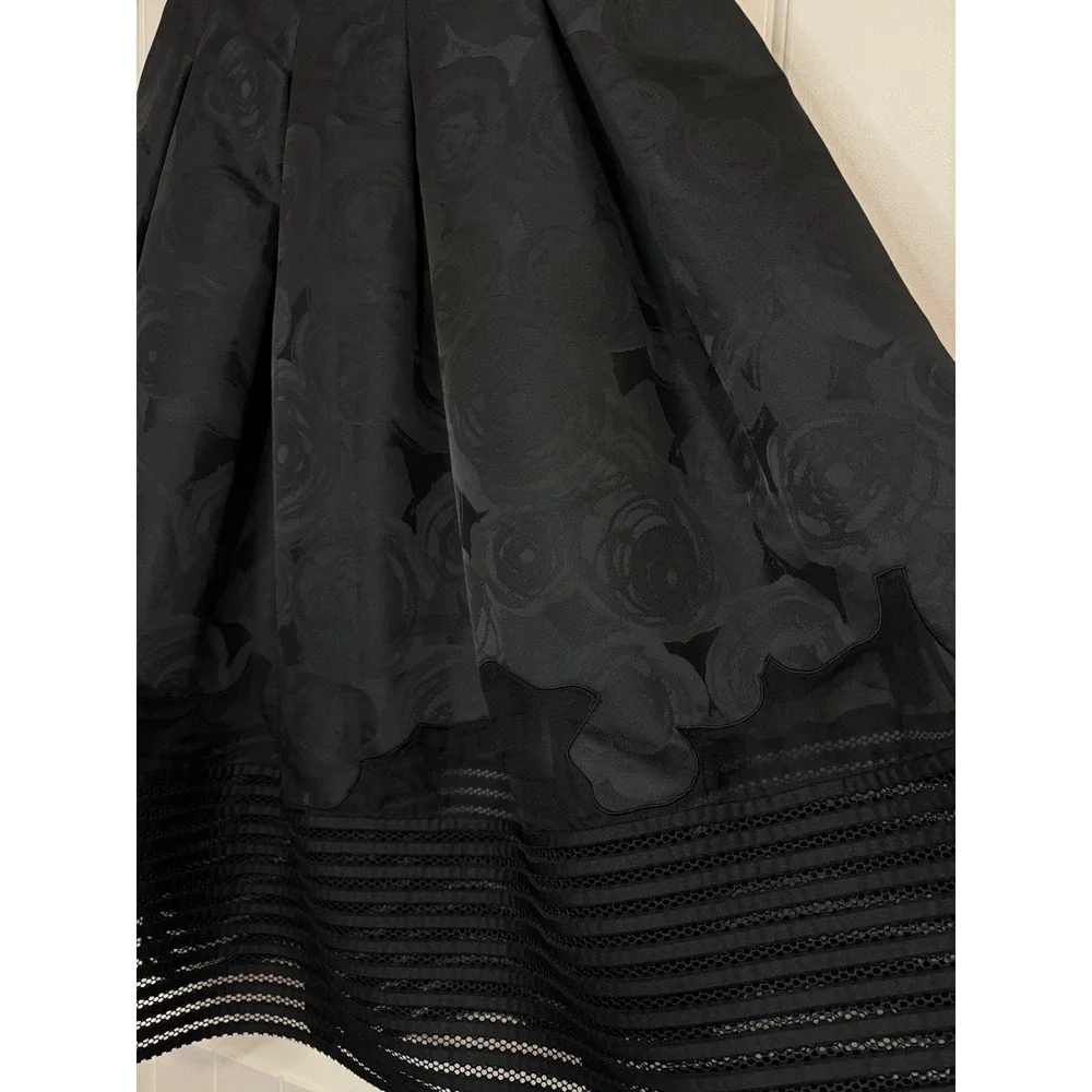 Sachin + Babi  Black Floral Jacquard Midi Skirt Mesh Hem Quiet Luxury Silk 4